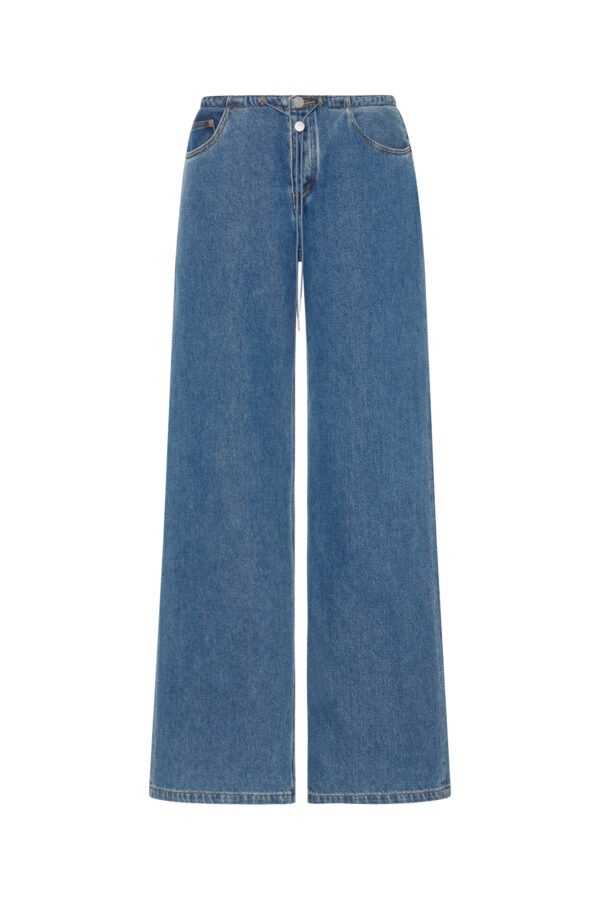front of the cool jeans from still here in classic blue
