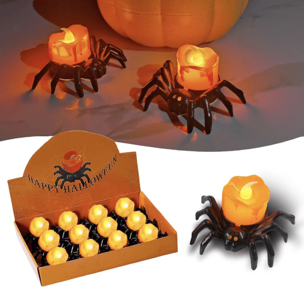 12 Pack Spider Flameless Candles, Halloween Spider Candle Lights, Battery Operated Halloween Pumpkins Lights LED Tealight Candles for Halloween, Christmas, Home Decor and Theme Parties