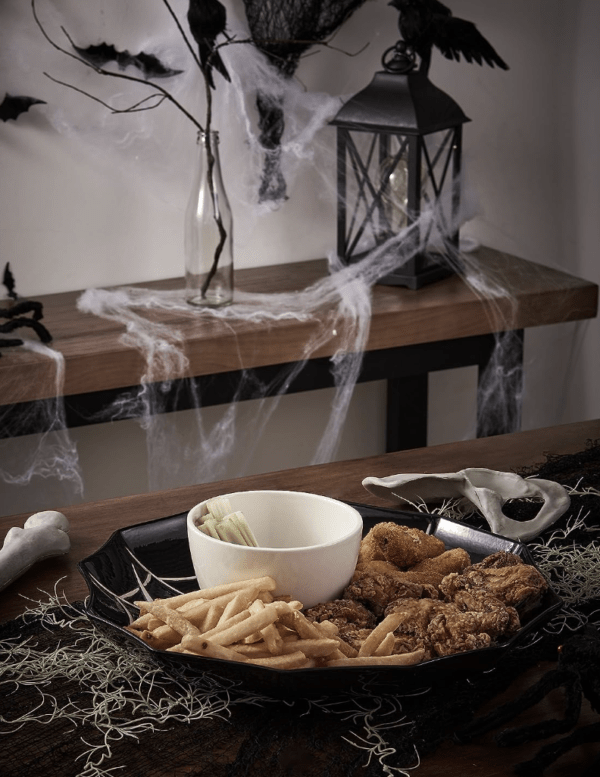 Bico Halloween Spider Web 14.8 inch Black Ceramic Chip and Dip Set, Plate With Sauce Bowl, for snacks, nachos, candy, treats, buffalo wings, Microwave and Dishwasher Safe